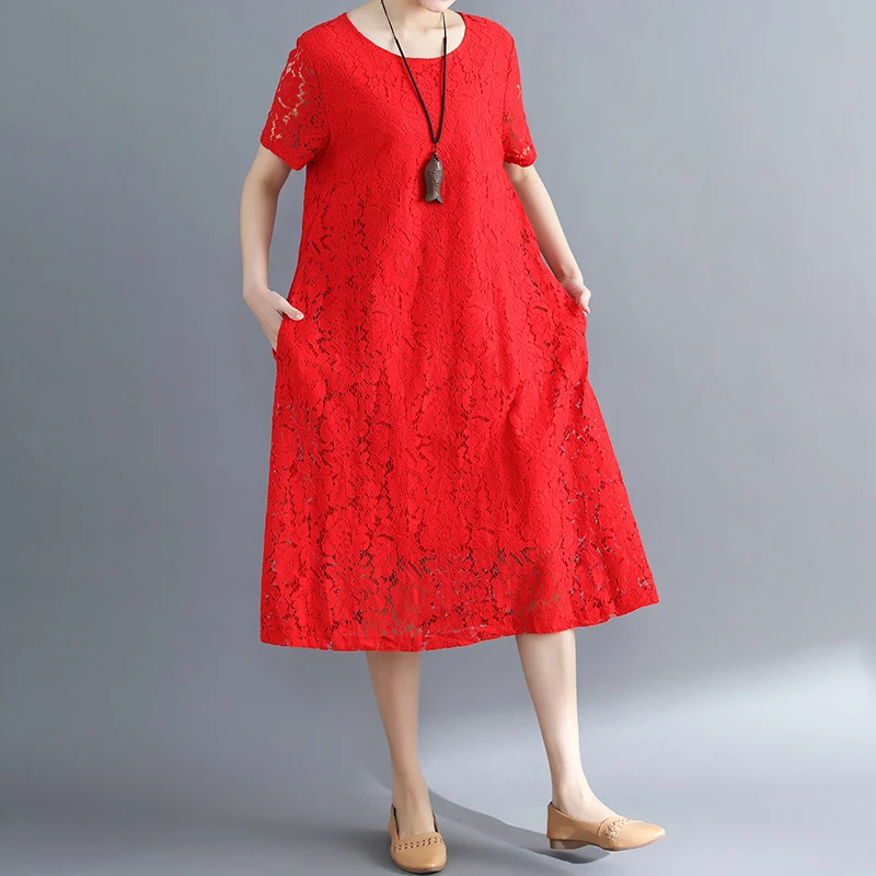 2022 Summer New Lace Women Dresses Plus Size Hollow Out A-Line Sexy Lady Elegant Party Red Dresses Top Quality