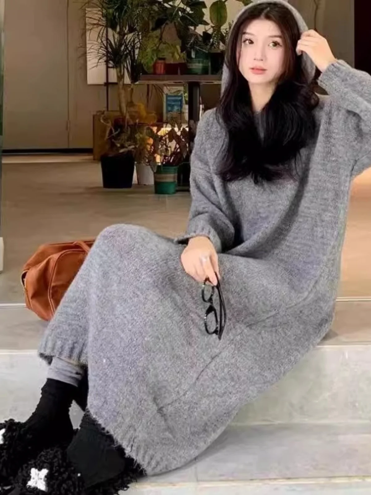 Long Bottoming Knitted dress Women Autumn and Winter New with Coat Inner wear Loose Lazy Hoodie Sweater Dress