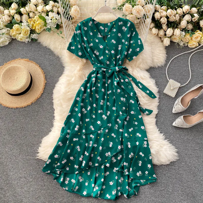 

Floral Dresses Women Summer Sexy V-Neck Boho Beach Dress Short Sleeve Bandage Waist A-Line Ruffle Midi Dress Wrap Sundress Robe