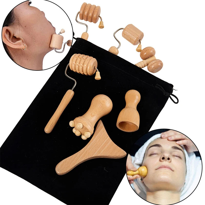 

1/7PCS Facial Maderotherapy Massager Wooden Face Gua Sha Tools Therapy Meridian Massage Roller Lifting Skin Care Beauty Health