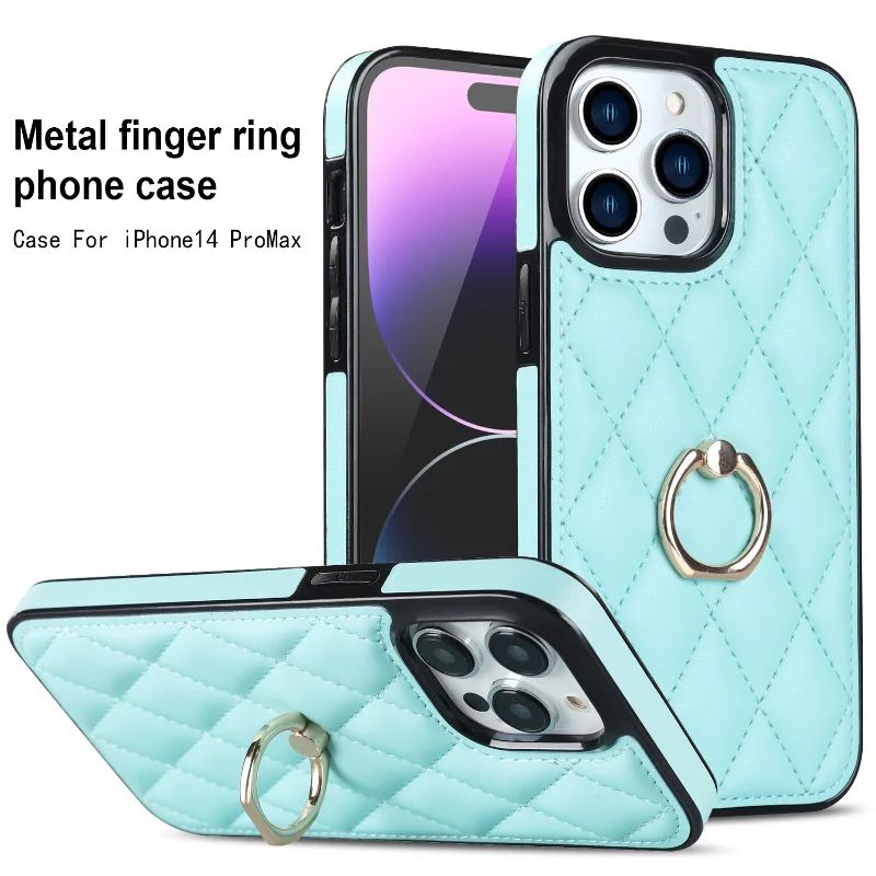 

Luxury Rhombic Grid Pattern Leather Cover For iPhone 14 13 12 11 Pro XS Max XR X 8 7 6 6S Plus Ring Holder Kickstand Phone Case
