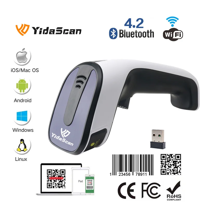 Фото Модный беспроводной Bluetooth-считыватель QR-кодов YidaScan WS40 1D 2D, портативный сканер штрих-кода 3 в 1, проводной USB для Windows Android №1