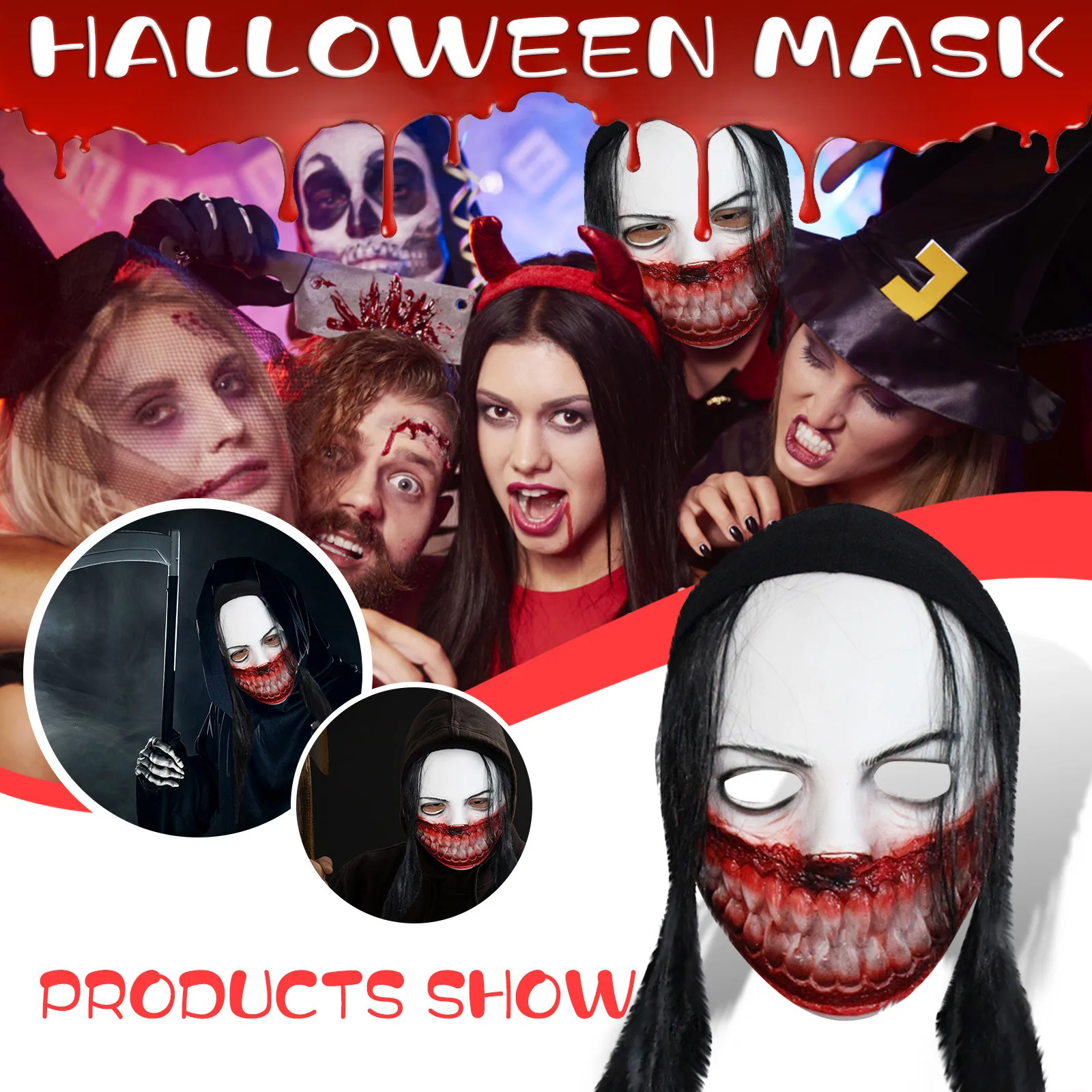 

Маски на Хэллоуин, новинка 2023, ужасные длинные волосы, дьявол, белая маска на лицо, демон, большой рот, дьявол, длинные волосы, маска призрака, костюм на Хэллоуин