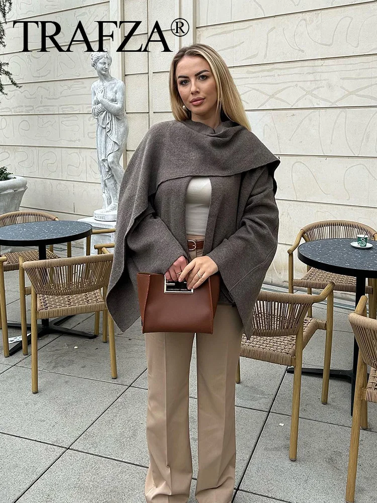TRAFZA 2024 женские повседневные асимметричные пальто однотонное вязаное с круглым
