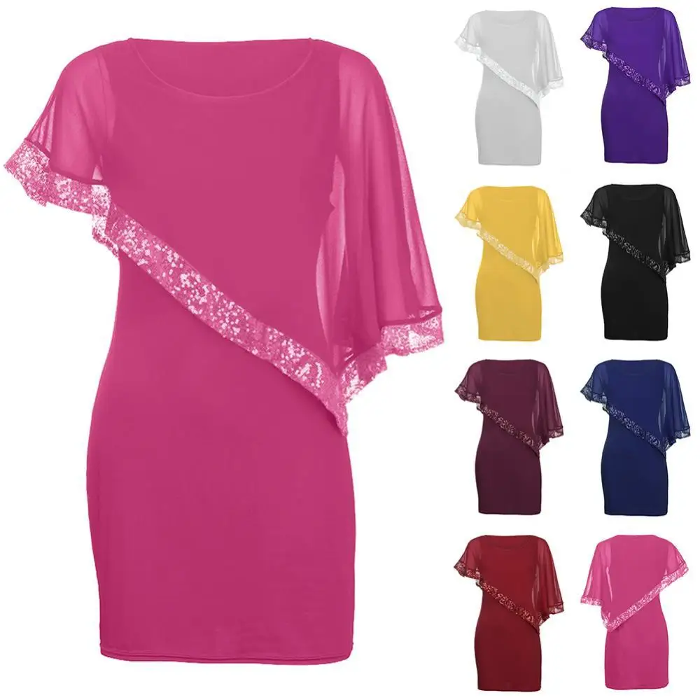

Sequins Women Solid Color Dress Round Neck Irregular Patchwork Cold Shoulder Hot apparel summer