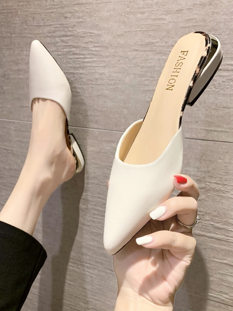 

Slippers Women Summer Cover Toe Female Mule Pantofle Low Shallow Slides Fashion Shoes Pointed Mules Soft 2022 Luxury Hoof Heels