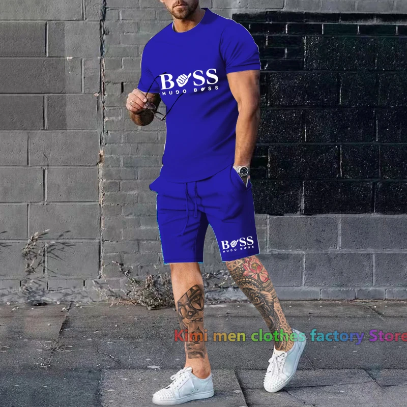 Brand printed men Short Outfits set Summer tshirt set Men Short Sleeve T-shirt Shorts Tracksuit Jogging suit Cotton 2 pieces set