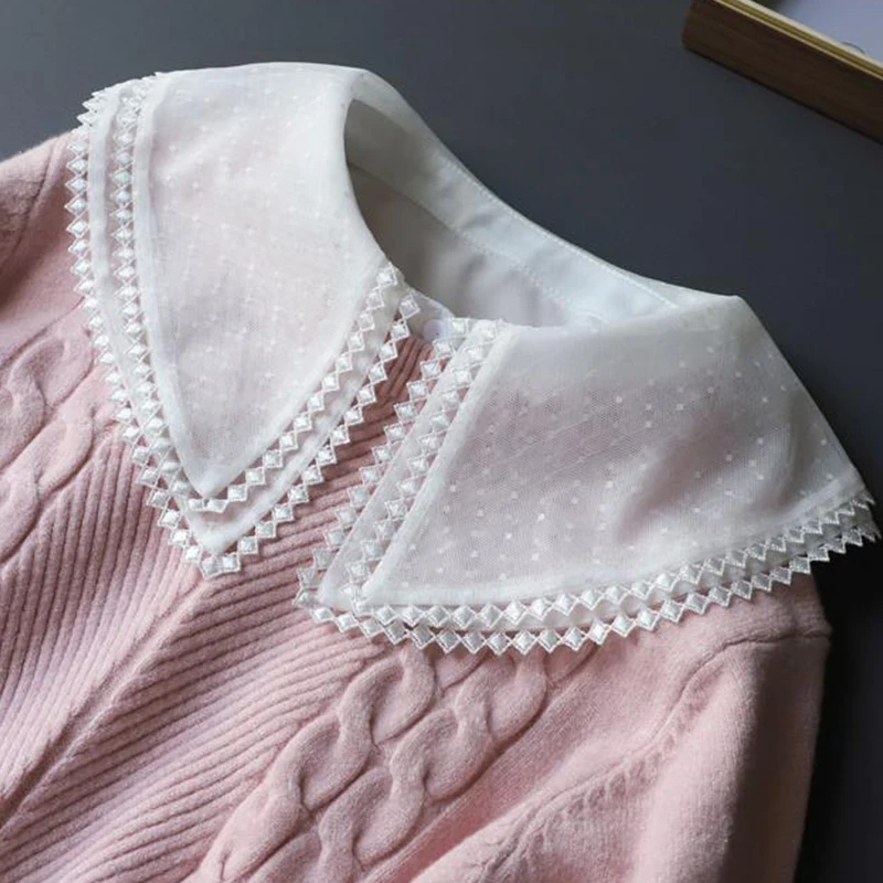 

Women Double Layer Chiffon Fake Collar Lace Shirt Detachable Half Shirt Collar Adjustable Ties False Collar Accessories