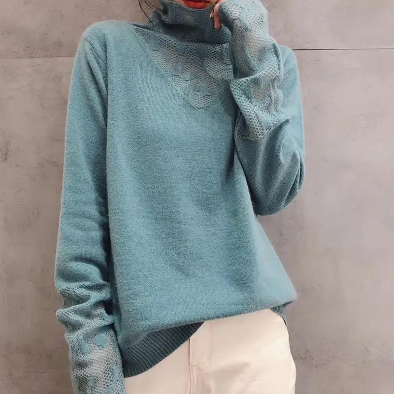 

Thin Hollow Out Loose Straight Turtleneck Literary Artistic Retro Sweaters Slightly Elastic Female Solid Spliced Long Sleeve