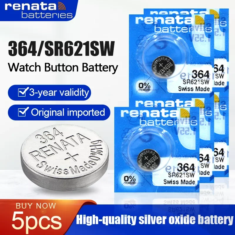 

5PCS Renata 364 SR621SW AG1 LR60 GP364 164 EE6202 1.55V Silver oxide Watch Battery MADE IN Swiss Button Coin Cell 100% Original