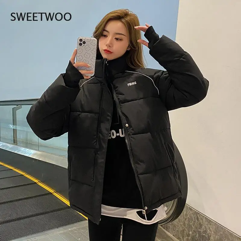 2022 Winter Women Oversized Parkas Jacket Fashion Solid Stand Collar Thick Warm Padded Coat Casual Winter Outwear Jacket Parkas