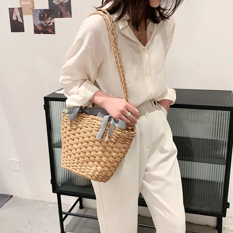 Women Popular Straw Shoulder Bags New Bow Handbag National Style Fashion Simple Bucket Women Bag
