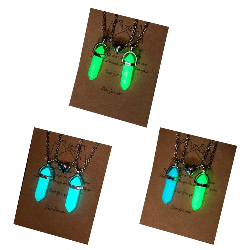 

2x Hexagonal Pendant Necklace Luminous Crystal Pendant Necklace Stone Glowing Jewelry Magnet Heart Matching Necklace