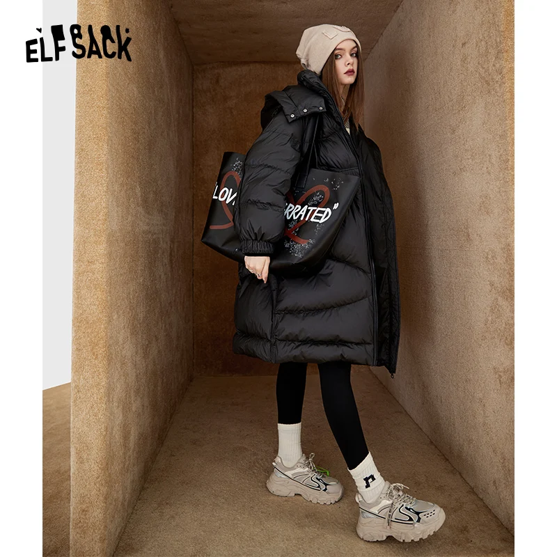 ELFSACK Black Warm Down Coats Women 2022 Winter Long Casual Coats