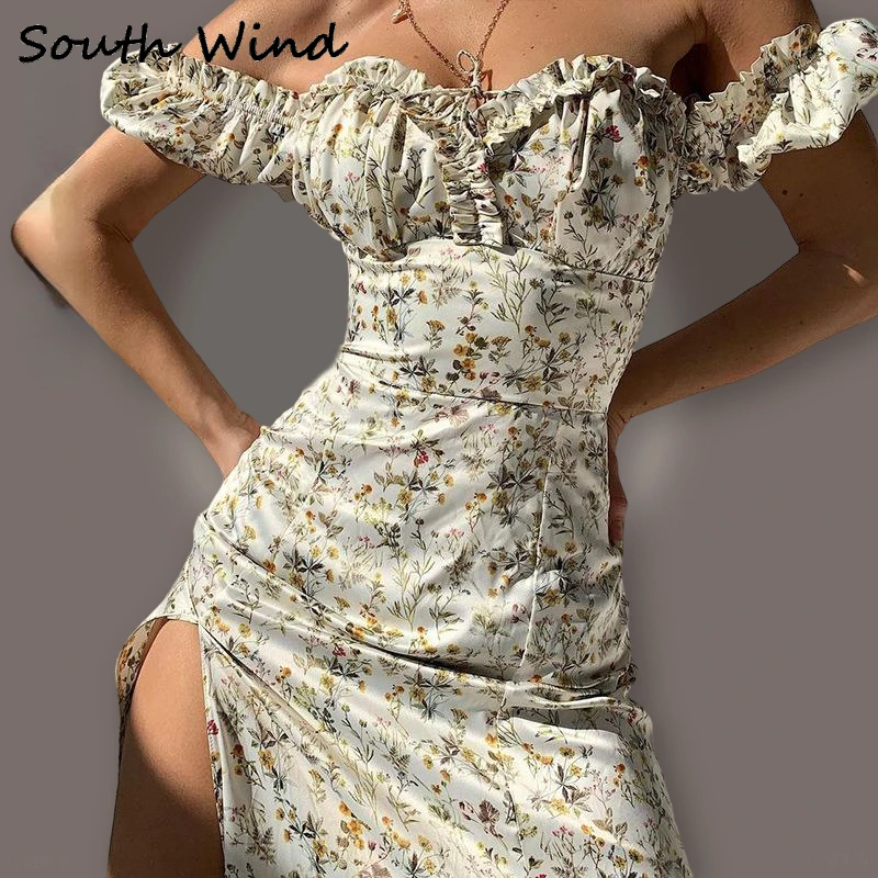 

New Women Dress Simple Slim Sexy Dress Floral Off Shoulder Puff Sleeve Maxi Dress Soft Female Dresses Printed Woman Vestidos
