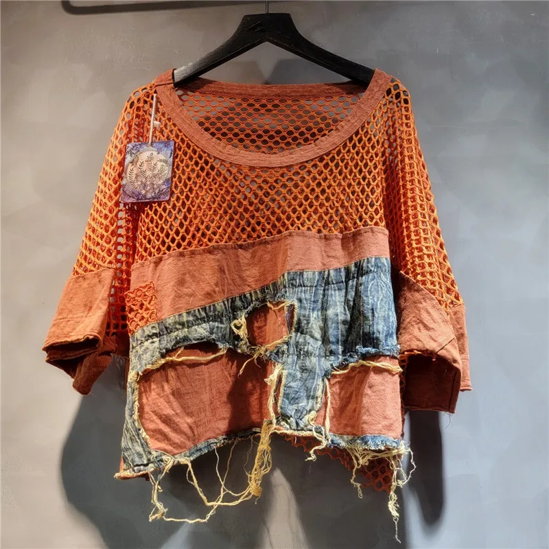 WTHT новые модные женские костюмы сетчатая джинсовая футболка с коротким рукавом в
