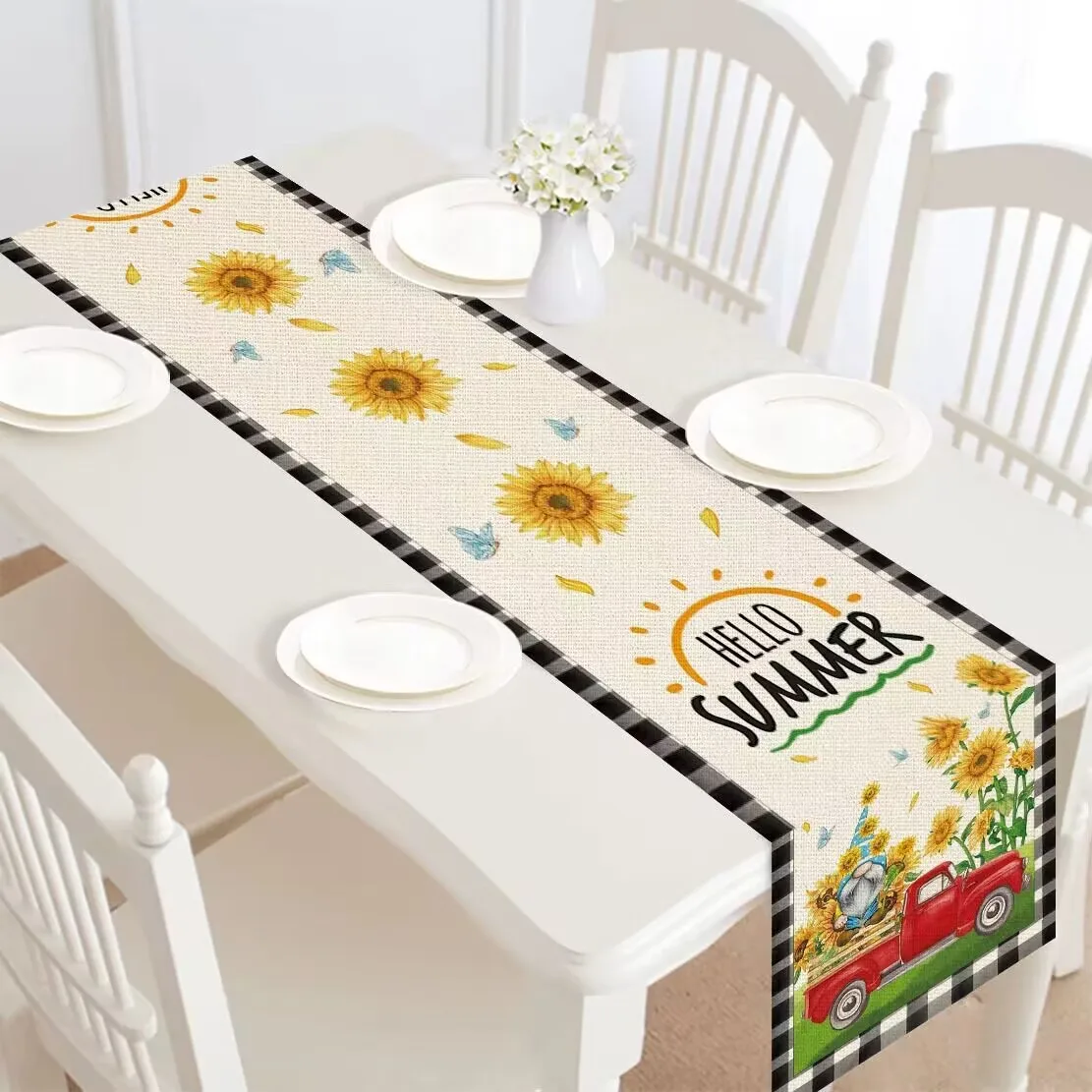 

Hello Summer Sunflower Table Runner Cloth Watercolor 12x72 Inch Seasonal Holiday Kitchen Dining Coffee Table Decoration burlap