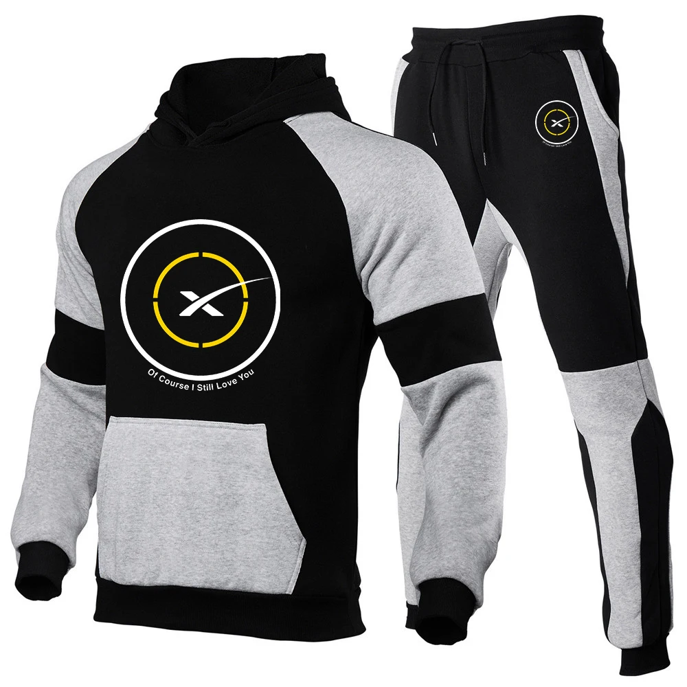 

2023 SpaceX Men's New Space X Splicing Hoodie Cotton Pullover Tops + Sweatpants Warmer Sportswears Casual Sports Two Pieces Suit