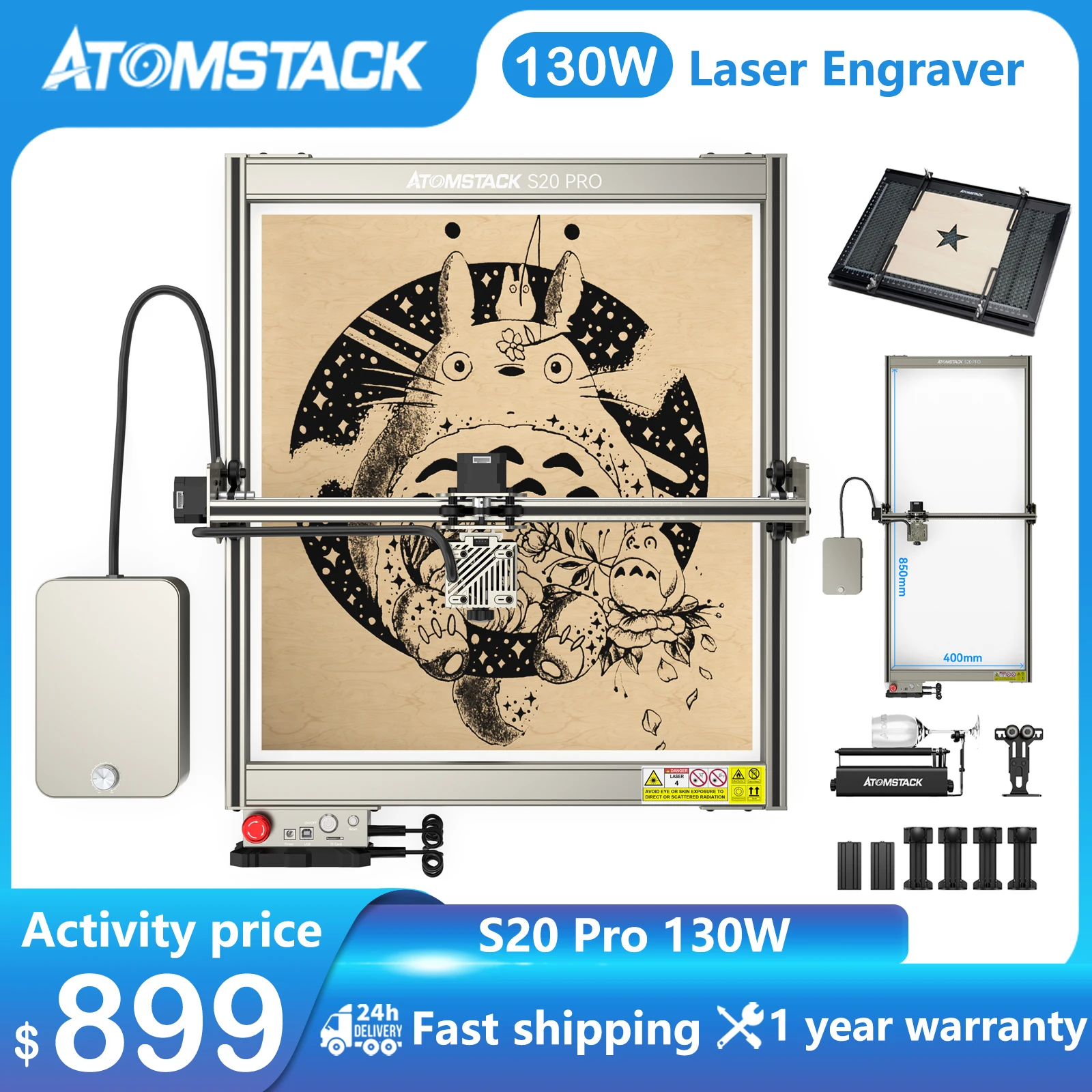 Четырехлазный гравер ATOMSTACK X20 S20 A20 Pro, 130 Вт, гравировальный станок для резки, встроенный воздушный помощник, управление через приложение, поддержка в автономном режиме