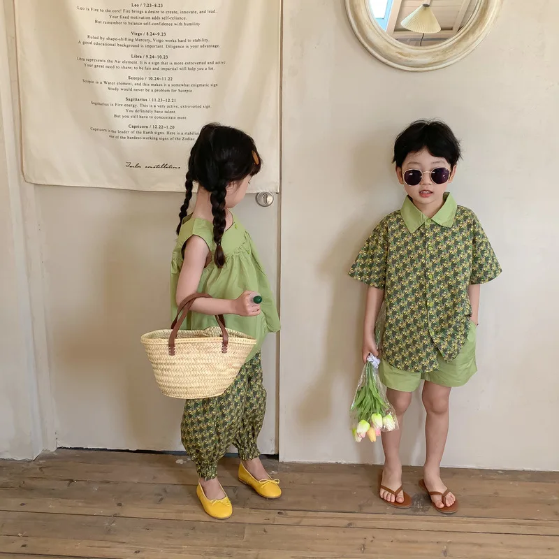 

2023 Summer Boy Girl Matching Clothes Brother Sister Floral Short Sleeve Shorts 2pcs Suit Twins Siblings Outfits Children Sets