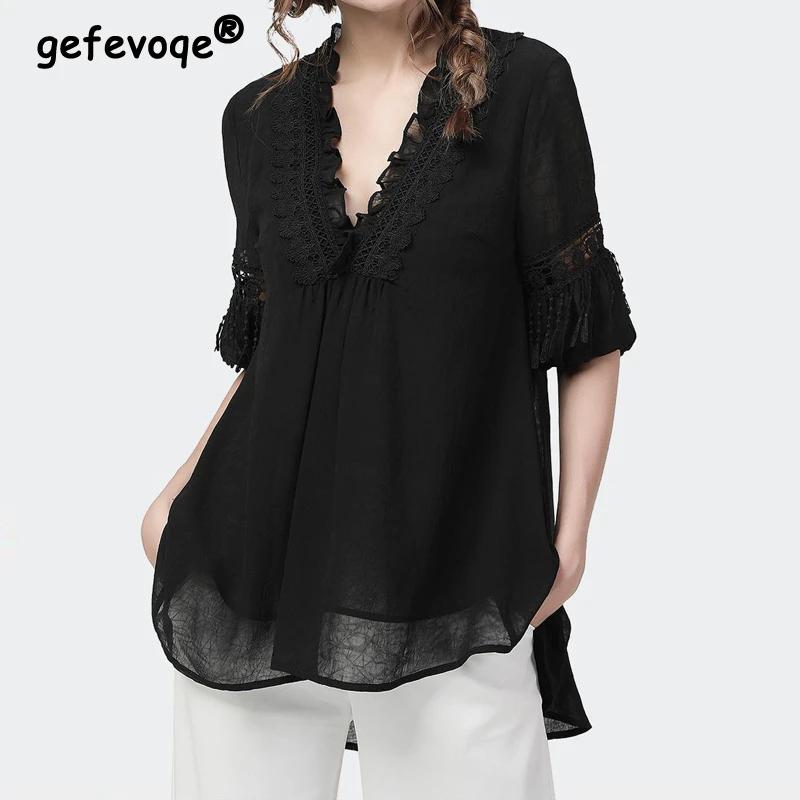 

Women's Summer Sexy V Neck Lace Hollow Oversized Black Elegant Blouse Casual Ruffle Loose Black Shirt Tunic Ladies Tops Clothing