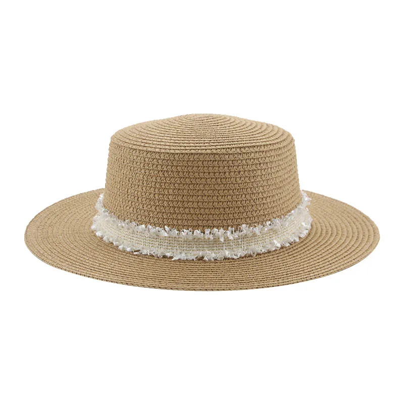 

Шляпа женская Соломенная, Пляжная Панама с плоским верхом, однотонная, с ремешком, элегантная, цвета хаки, белый, черный, летняя