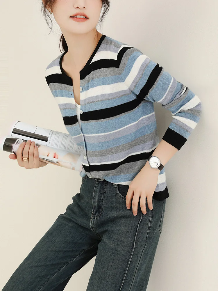 

HCXR Women Sweaters 2023 Winter Korean Style Striped Knitted Cardigan Round Neck Slim Elegant Chic Single Breasted Tops