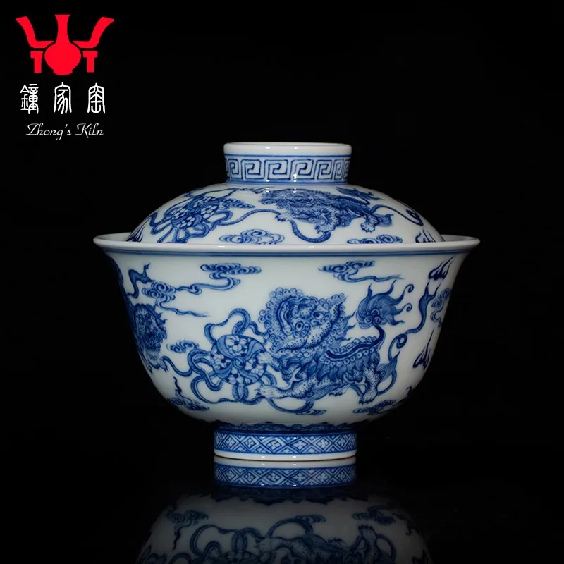 Set Blue And White Wood Kiln Hand Painted Lion Roll Hydrangea Two Only Tea Making