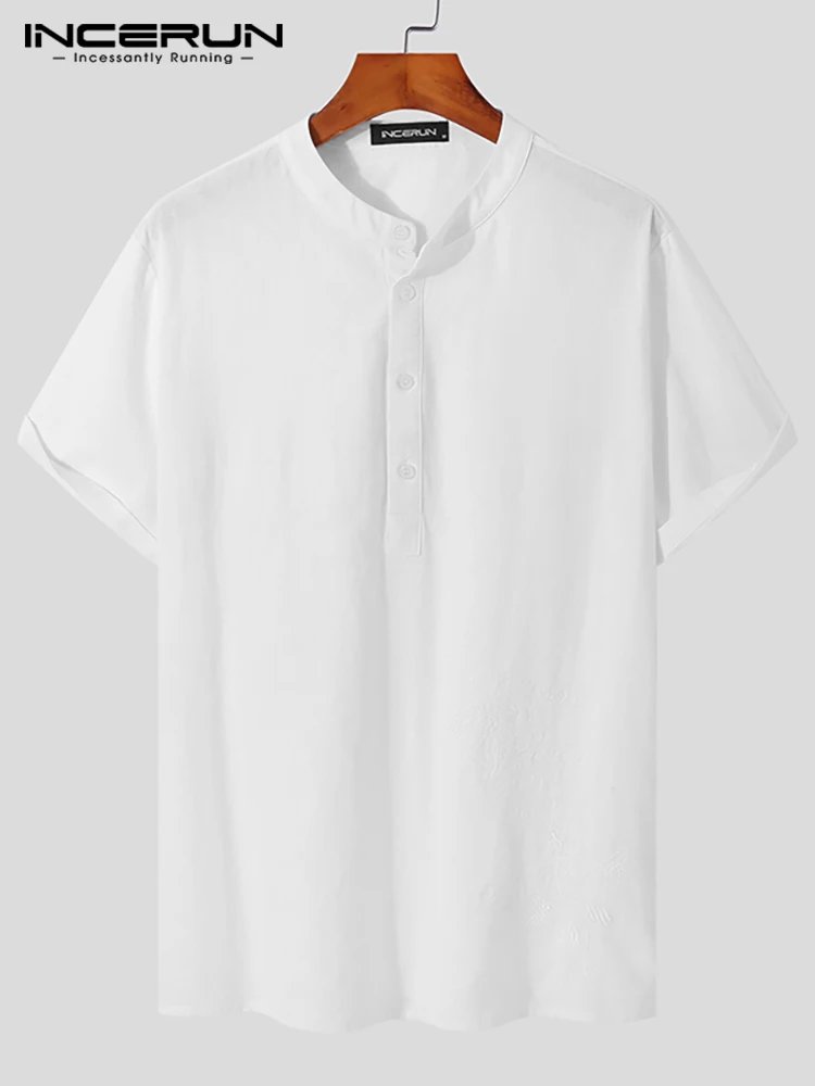 INCERUN Tops 2022 Men's Retro Ethnic Style Stand Collar Embroidered Blouse Solid Comfortable All-match Short Sleeve Shirts S-5XL