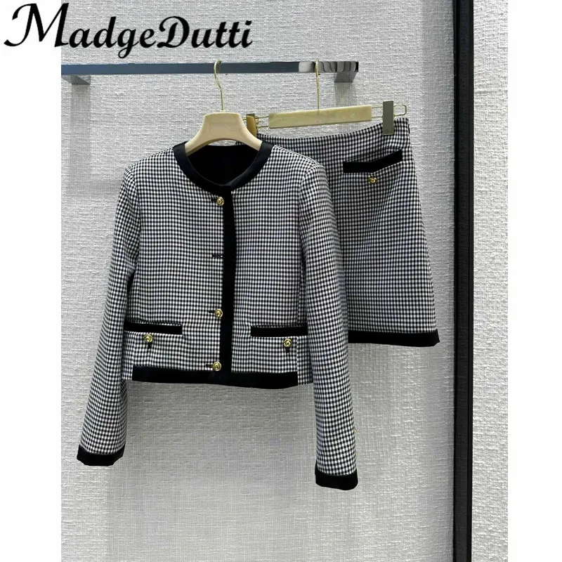

12.27 MadgeDutti Contrast Color Bordure Coating Spliced Houndstooth Plaid Single Breasted Jacket + High Waist Skirt Set Women