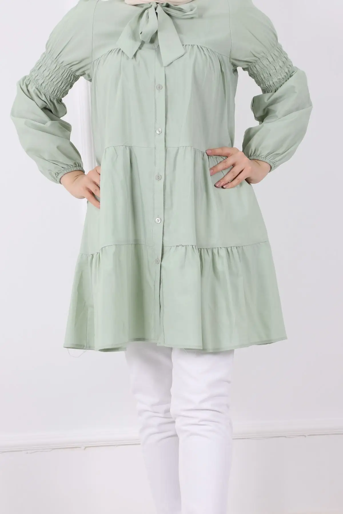 

Women's Tunic Shirt Light Green With Tie Women Muslim Tunic 2021 Fashion