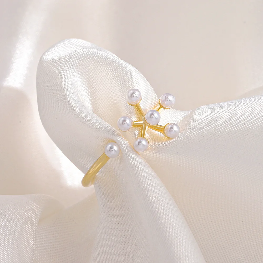 

European And American Ins Pearl Flower Ring Female French Light New Luxury Niche Geometric Open Index Finger Ring Simple Ring