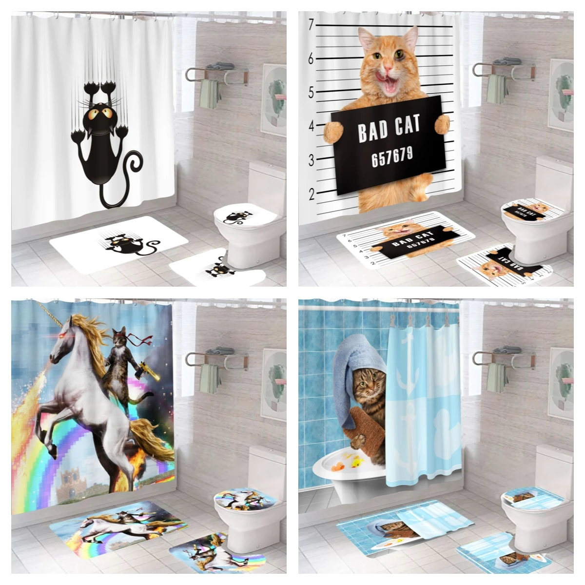 Engraçado chuveiro cortinas do banheiro conjunto de cortina com ganchos decoração gato animal banho poliéster tecido 3d cortinas de ducha à prova dwaterproof água