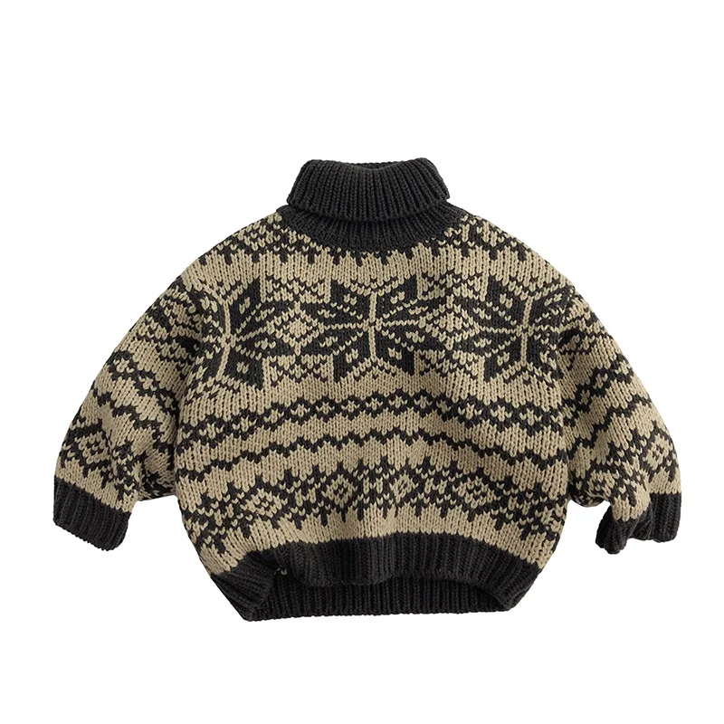 Купи 2022 Winter New Children Thick Warm Sweater Vintage Print Boys Girls Knit Sweater Baby Loose Pullover Kids Turtleneck Sweater за 1,277 рублей в магазине AliExpress