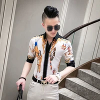 2022 new flower shirt korean floral sleeve slim anti wrinkle shirt hair stylist nightclub guy mens shirt