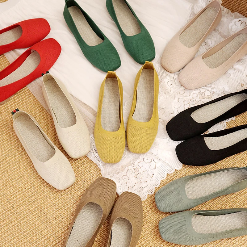 

2022 Solid Color Slip On Mesh Breathable Stretch Ballet Shallow Flats Women Casual Soft Bottom Square Toe Boat Shoes