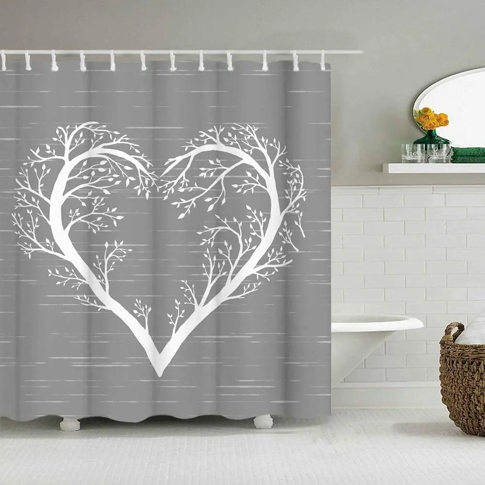 White Heart Shaped Tree Branch Romantic Love Gray Waterproof Fabric Bath Curtains With Hooks Screens