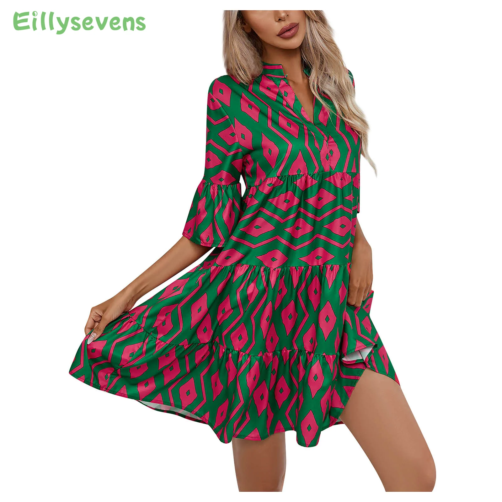 

Spring and Summer Women's Dress Fashion Sexy V-neck Print Elastic Waist, Splice Dress Casual Temperament Elegant Women's Dress