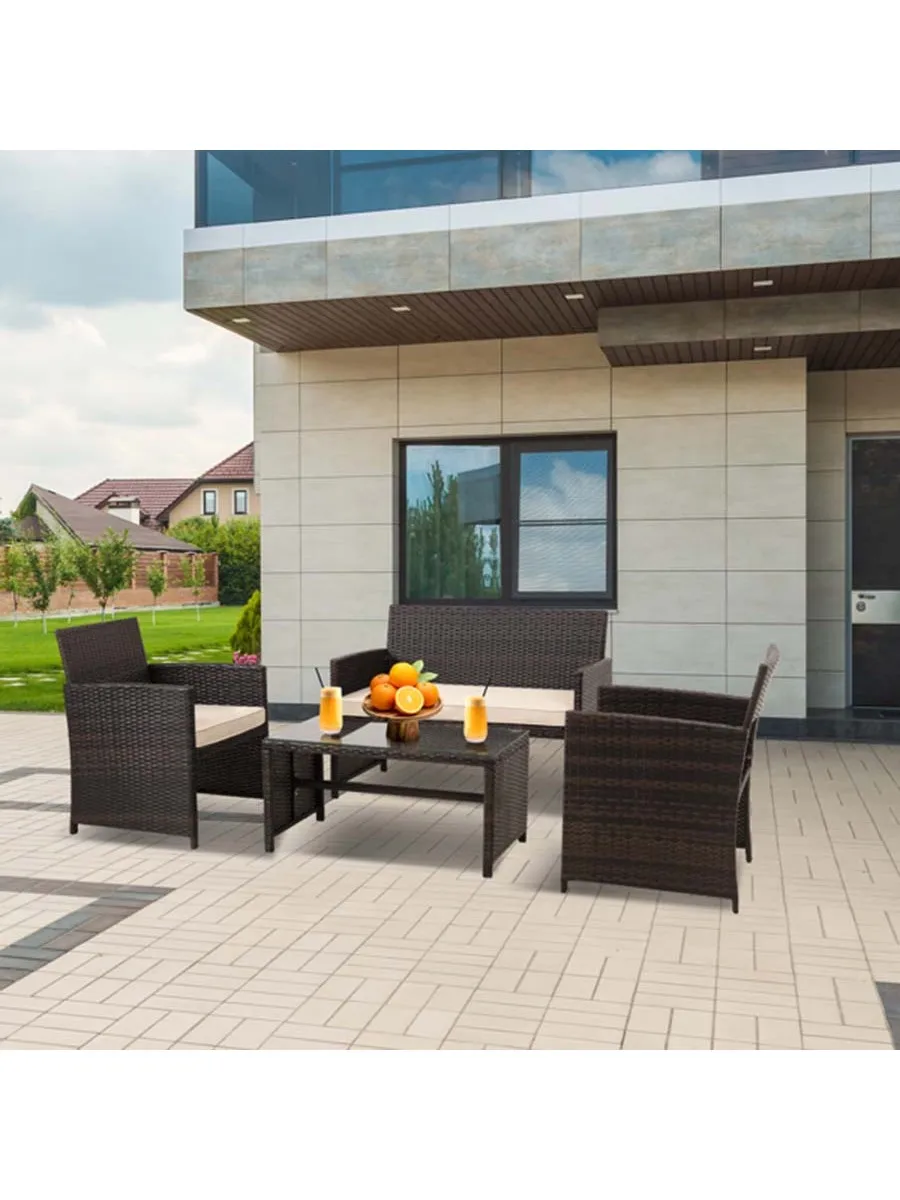 

4 Pieces Outdoor Wicker Furniture Sets PE Rattan Chair Patio Conversation Sets with Cushions and Glass Tabletop Poolside