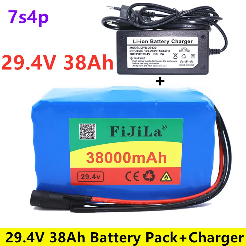 

24V 38000mAh 7S4P high power 38AH 18650 Lithium Battery pack with BMS 29.4V Electric bicycle electric car + 2A Charger