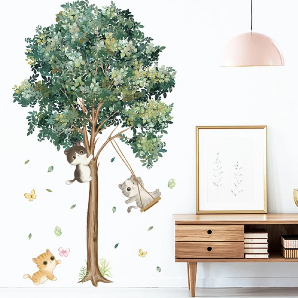 

Наклейки на стену в виде большого дерева, березы, зеленые листья, наклейки на стену, гостиная, спальня, птицы, домашнее украшение из ПВХ