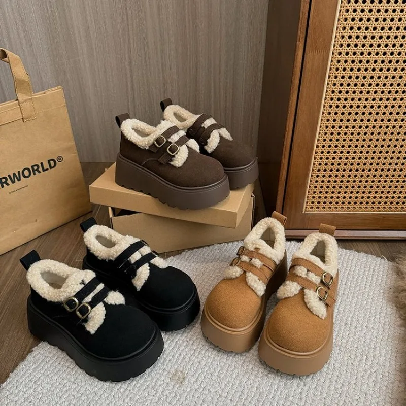 Casual Woman Shoe Loers With Fur Clogs Platform Round Toe Modis Slip-on New Creepers 2025 Winter Lace-Up Solid Leisure Fashion