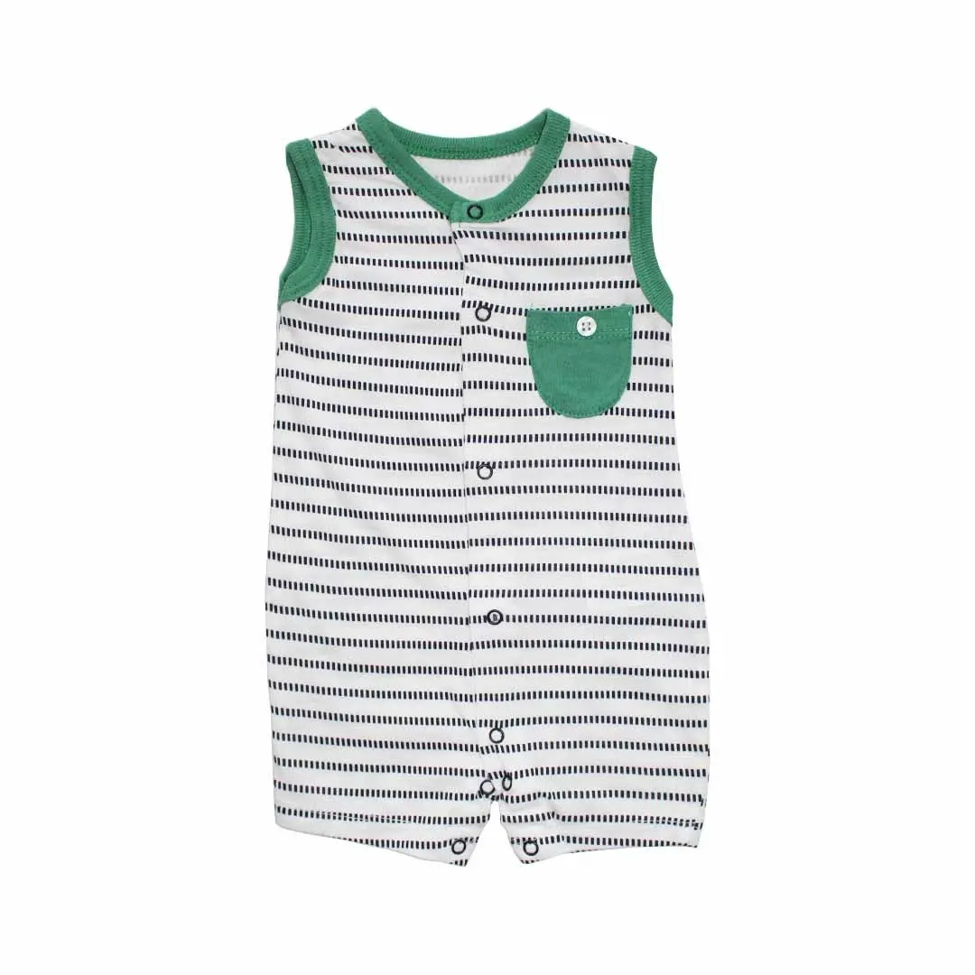 

Baby boy green white pockets vertical striped athletic jumpsuit