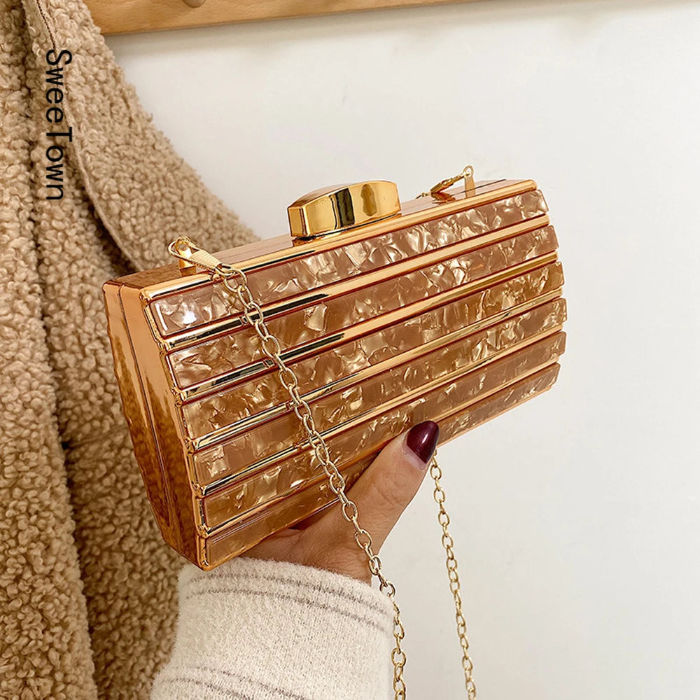 

Sweetown Vintage Women Sling Bag Metallic Small Square Bag Women Crossbody Messenger Bag Lady Chain Shoulder Bag Evening Purses