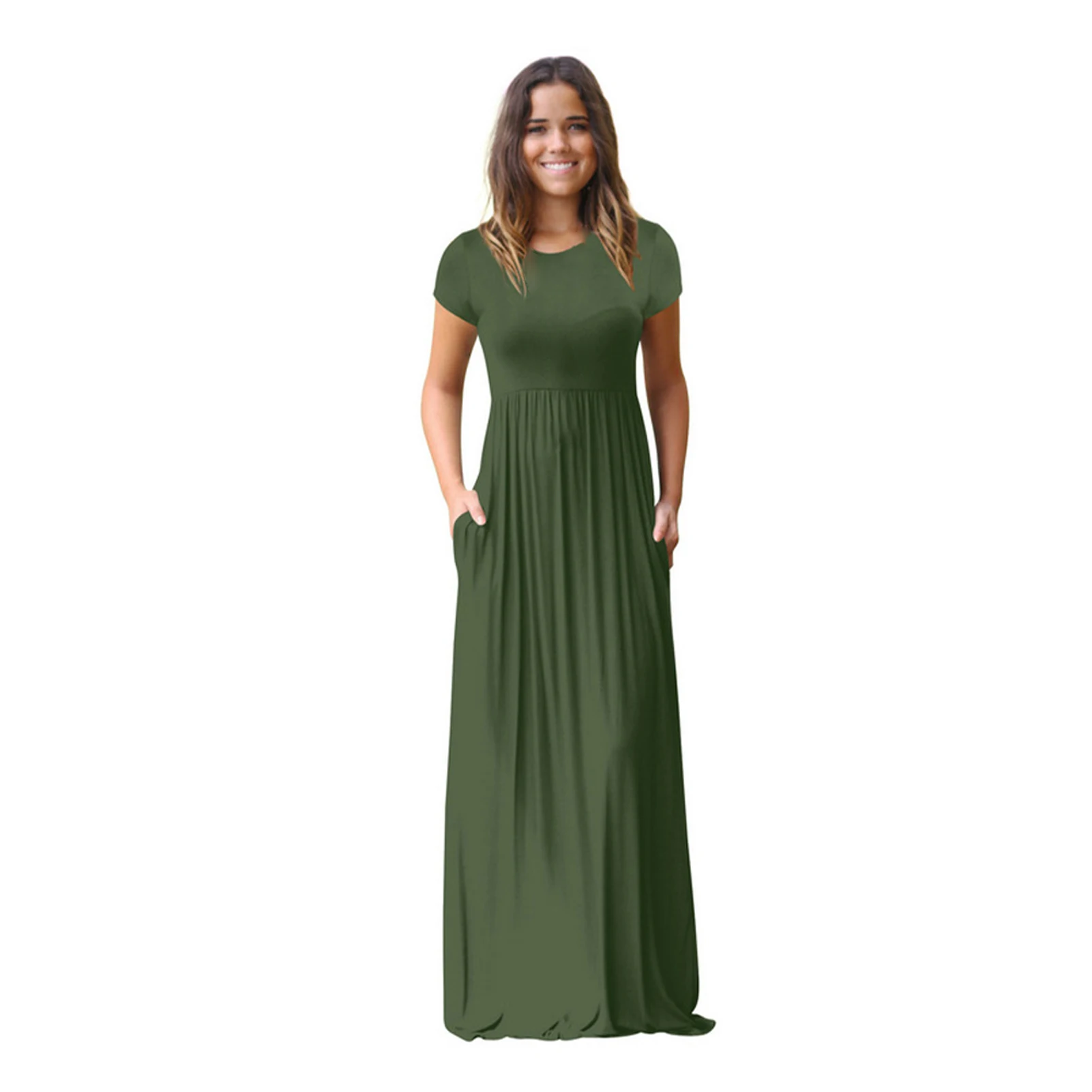 

Solid Vacation Beach With Pockets Round Collar Breathable Maxi Dress Short Sleeves For Women Casual Summer Party Daily Soft