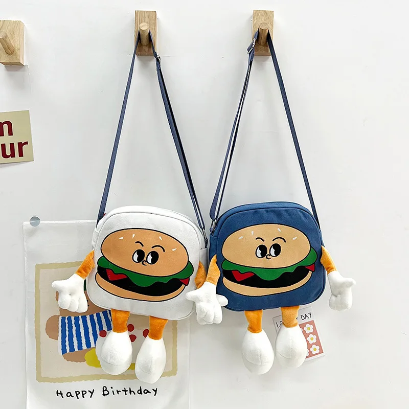 

Large capacity canvas bag women 2023 new Korean cartoon cute hamburger shoulder bag sweet girl handbag