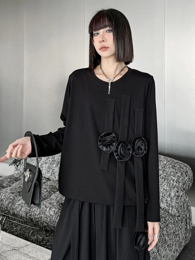 [EAM] Футболка с цветочным принтом большого размера широкие брюки костюм из двух