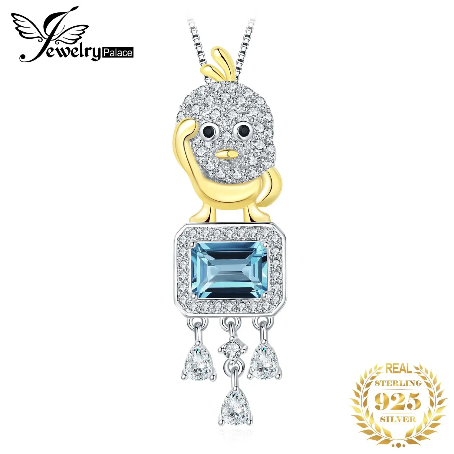 

JewelryPalace New Cute Yellow Duck 1.7ct Genuine London Blue Topaz 925 Sterling Silver Drop Pendant Necklace for Woman No Chain