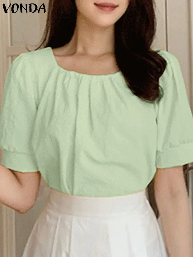 

VONDA Elegant Shirts 2023 Women's Summer Blouses Short Sleeve Solid Color Tunic Tops Square Collar Casual Loose Fashion Blusas