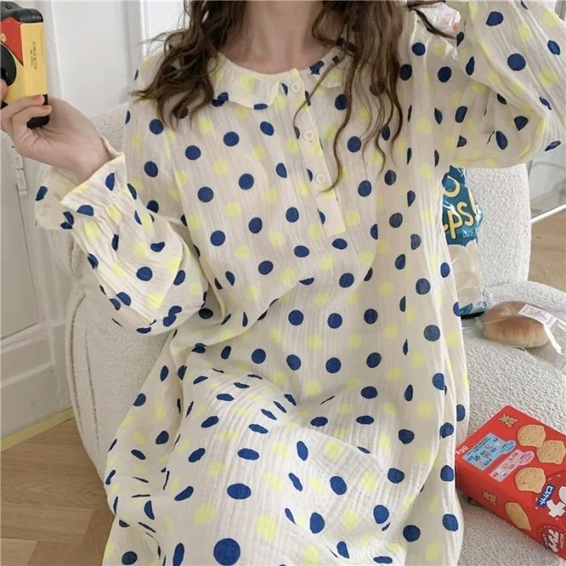 

QWEEK, хлопковое Ночное платье, Женская Корейская одежда для сна, ночная рубашка в горошек, кавайная Домашняя одежда, весеннее длинное платье, ночная рубашка, милая домашняя одежда